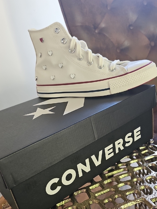 Converse Shoes - Brand-New Custom Converse White High-Top Sneakers with Red Accent Hearts